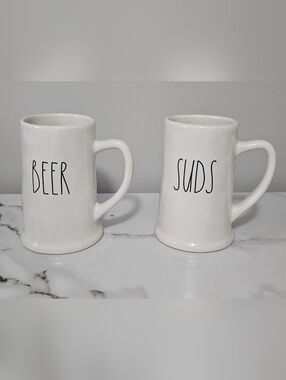 Rae Dunn "Beer" & "Suds" Ceramic 20oz Steins (Set Of 2)- EUC